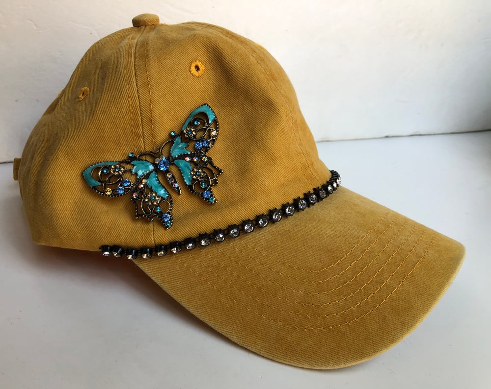 Mustard Baseball Hat with Crystal Butterfly