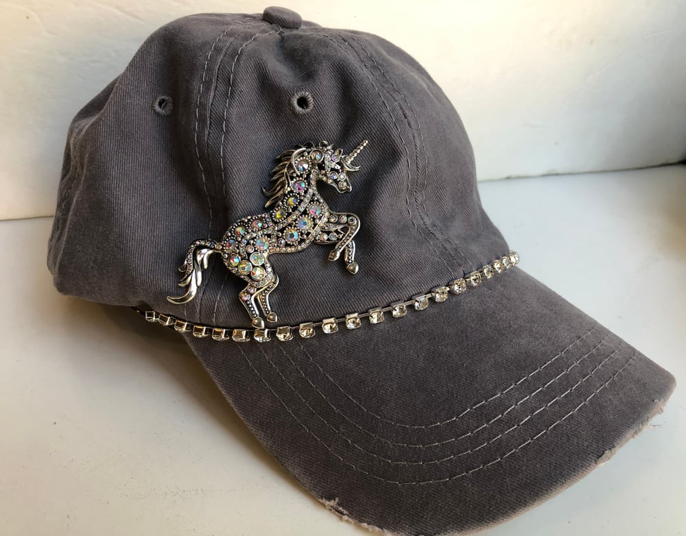 Gray Baseball Hat with Opal Crystal Unicorn