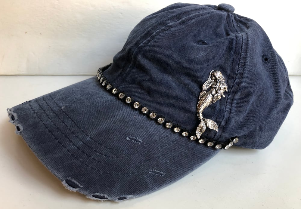 Acid Blue Baseball Hat with Silver Mermaid