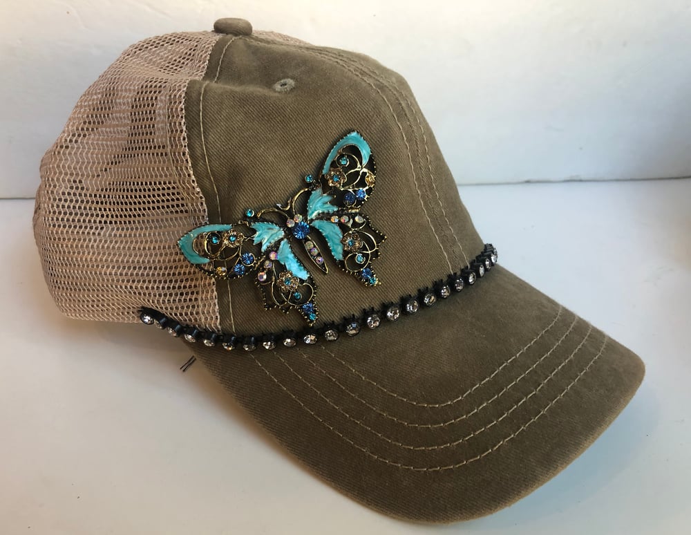 Acid Washed Trucker Hat with Blue Butterfly