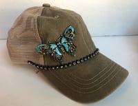 Image 1 of Acid Washed Trucker Hat with Blue Butterfly