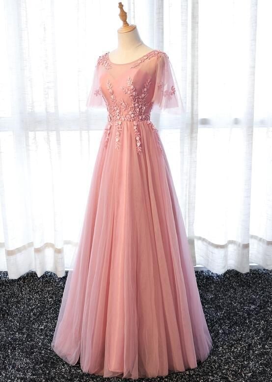 Lovely A-line Pink Tulle Long Party Dress, Bridesmaid Dress 