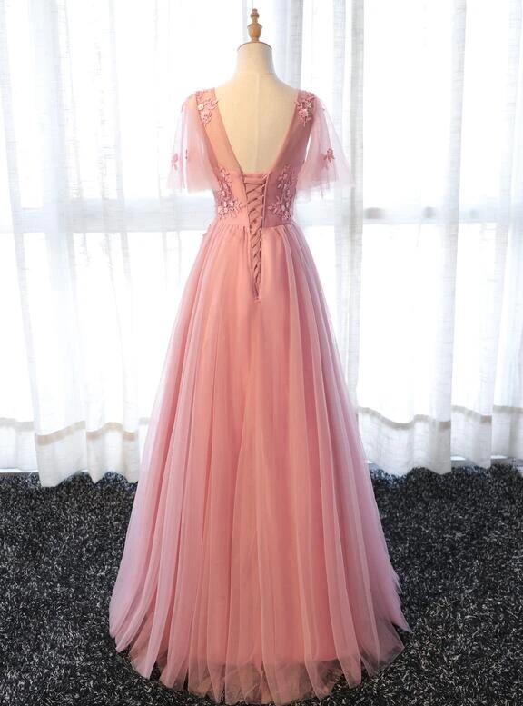 Lovely A-line Pink Tulle Long Party Dress, Bridesmaid Dress 