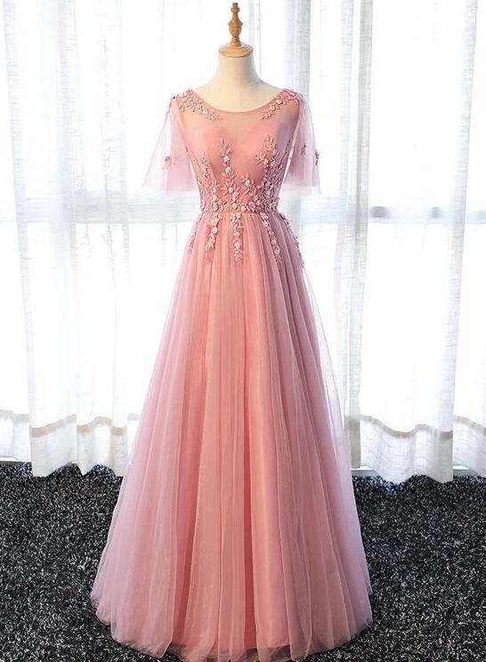 Lovely A-line Pink Tulle Long Party Dress, Bridesmaid Dress 