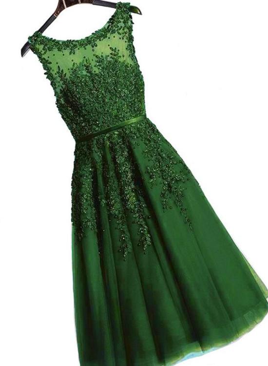 Dark Green Tea Length Tulle Party Dress, A-line Bridesmaid Dress