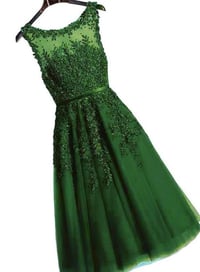 Image 1 of Dark Green Tea Length Tulle Party Dress, A-line Bridesmaid Dress