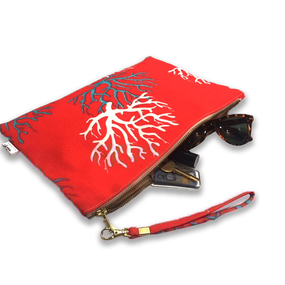 Crimson Coral Clutch, Pouch, Bag, Water Resistant, Durable, for Beach, Everyday, Durable, Handmade