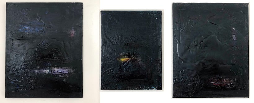Image of "Lunar view with a boat" Mixed media on canvas.