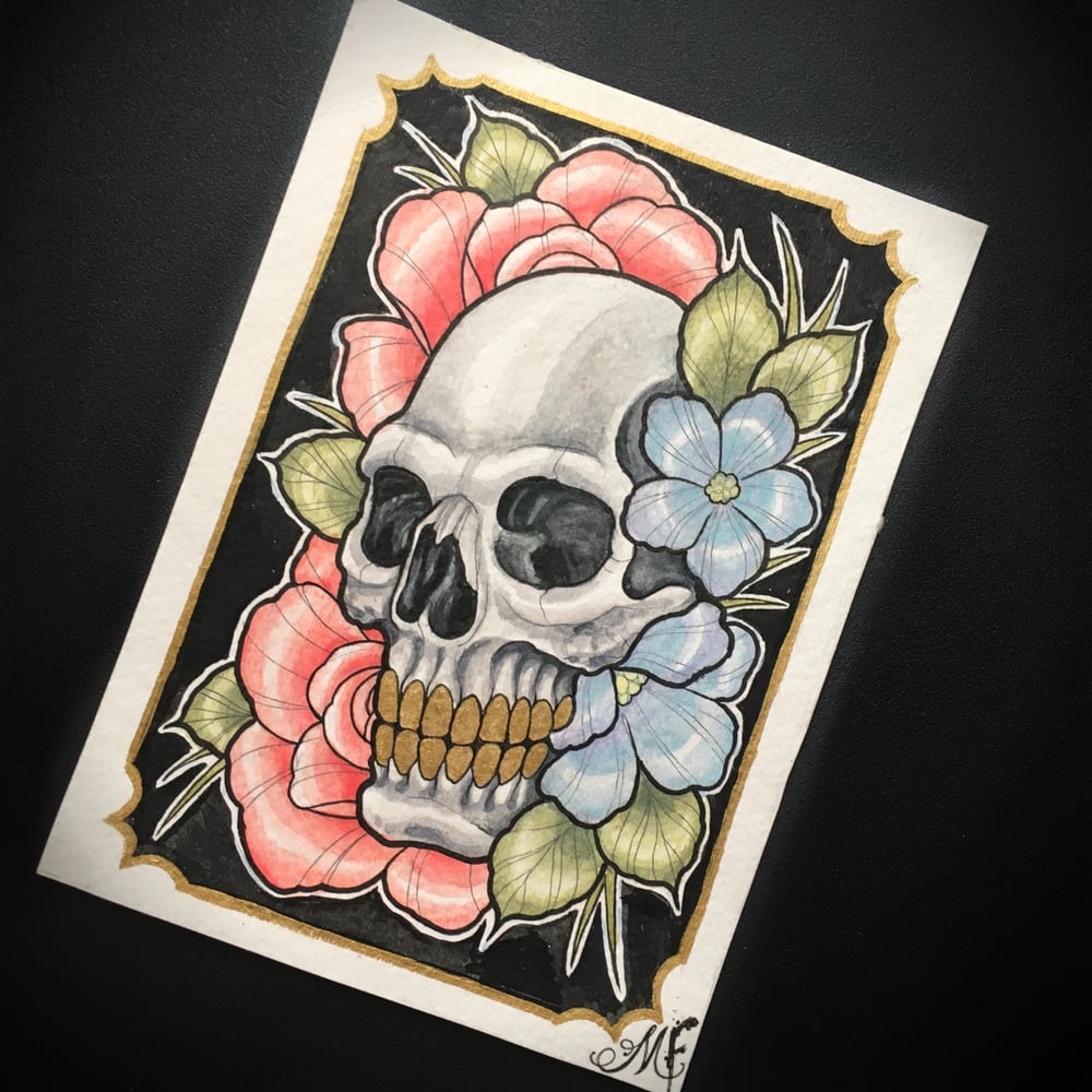 Image of Skull and Floral watercolor original