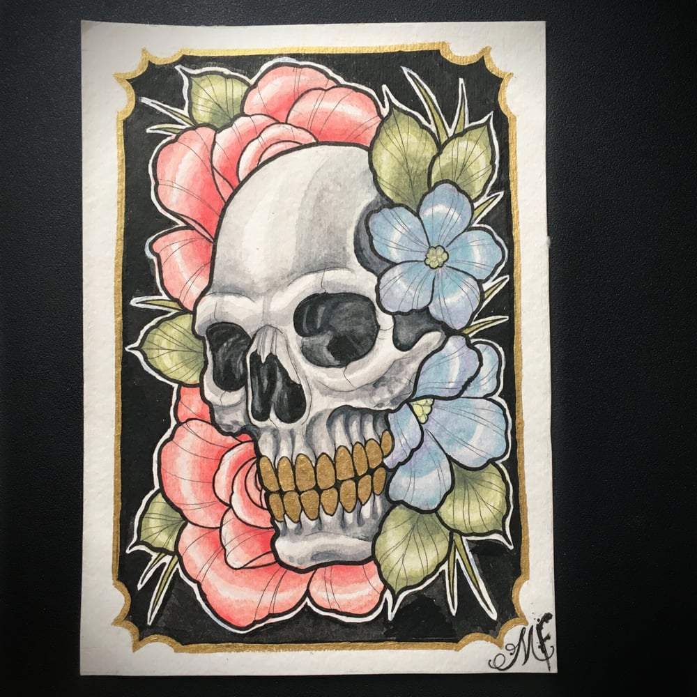 Image of Skull and Floral watercolor original