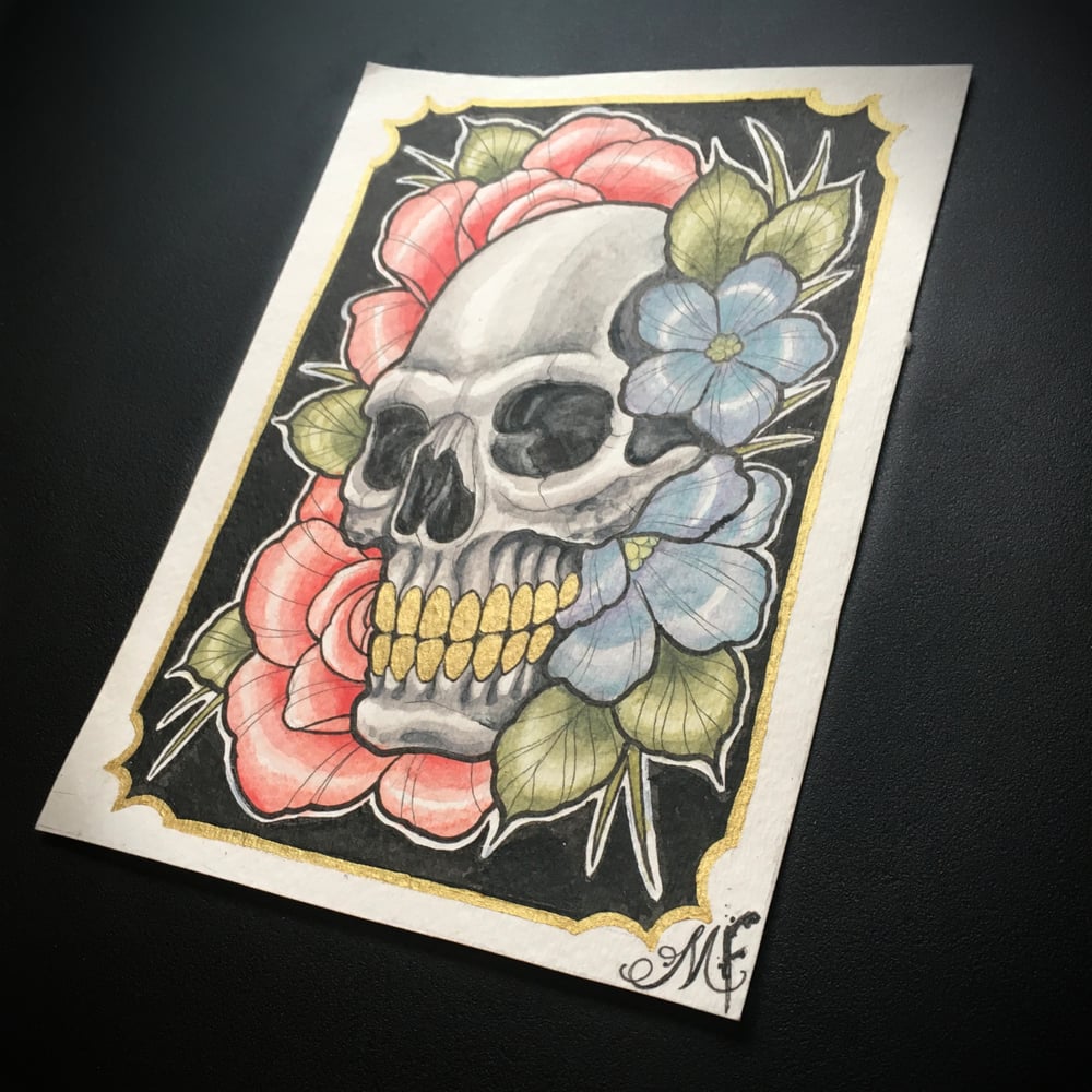 Image of Skull and Floral watercolor original