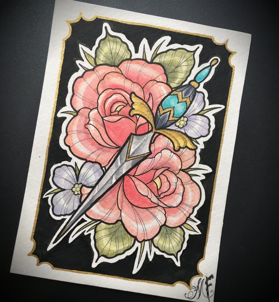 Image of Roses and dagger watercolor original