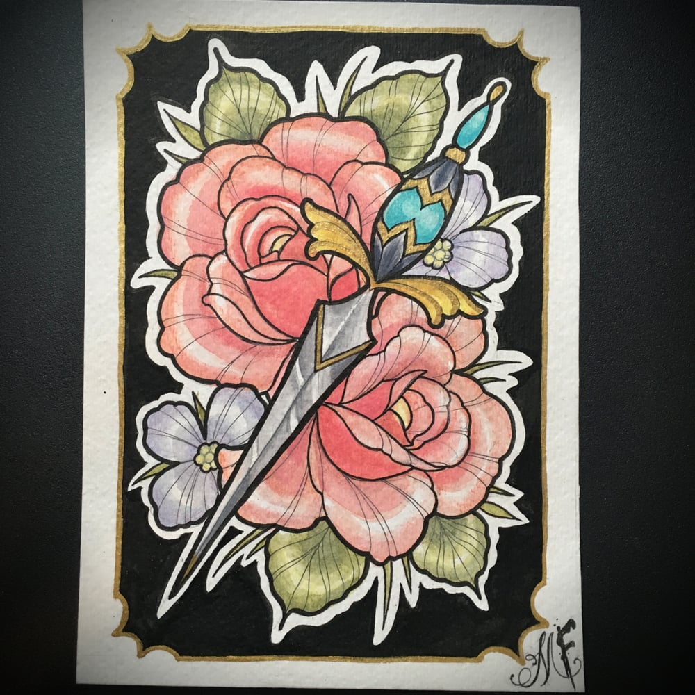 Image of Roses and dagger watercolor original