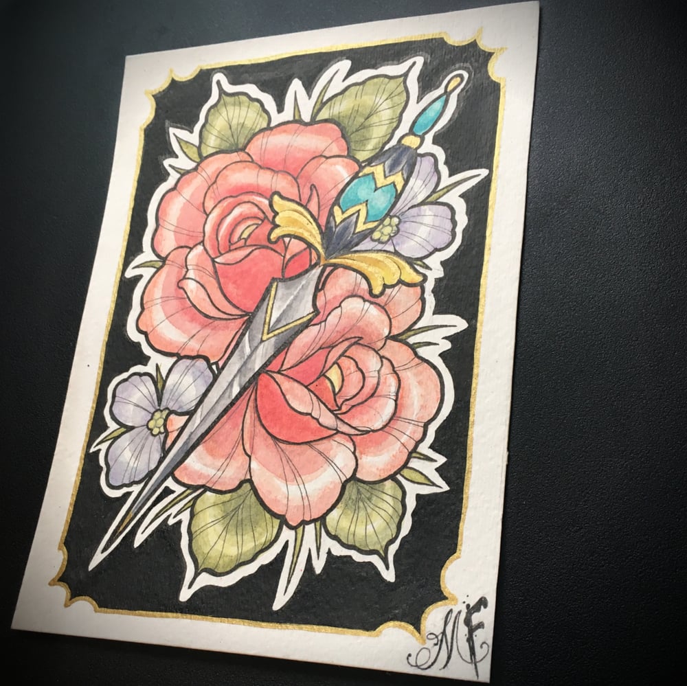 Image of Roses and dagger watercolor original