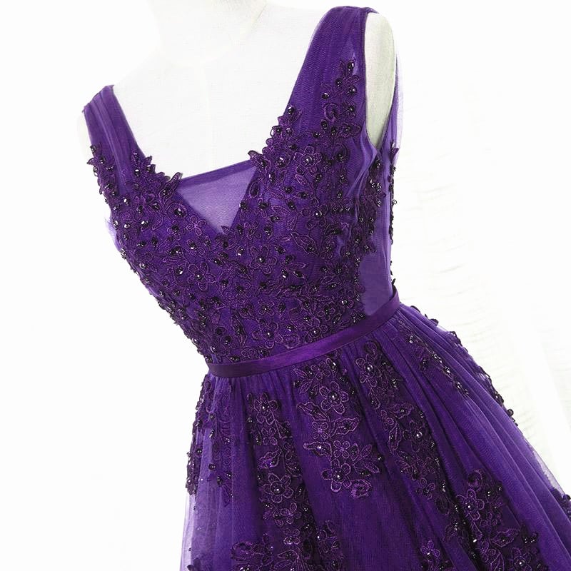 Purple Tulle with Lace Applique Bridesmaid Dress, Long Party Dress
