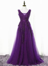 Image 1 of Purple Tulle with Lace Applique Bridesmaid Dress, Long Party Dress