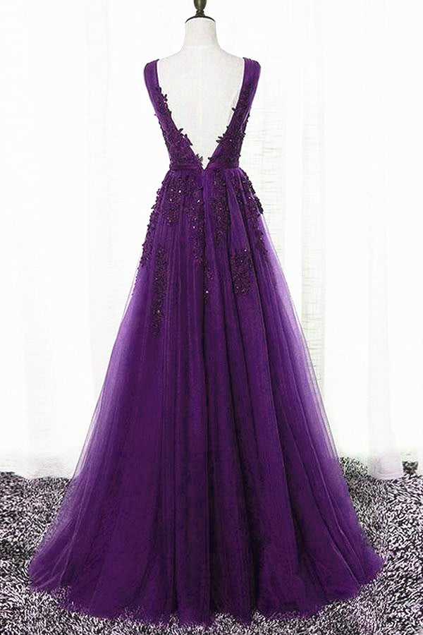 Purple Tulle with Lace Applique Bridesmaid Dress, Long Party Dress