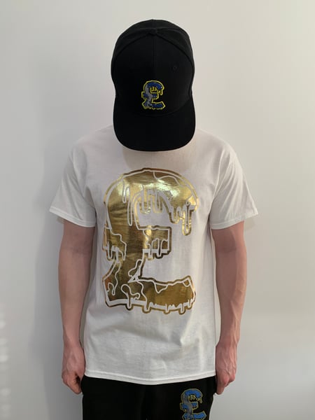 Image of JJ CLOTHING X BLUECHEESE WHITE & GOLD £ TEE