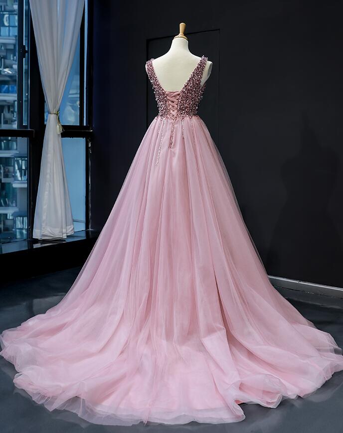Gorgeous Pink Sequins and Beaded Long Party Dress, Pink Formal Gown