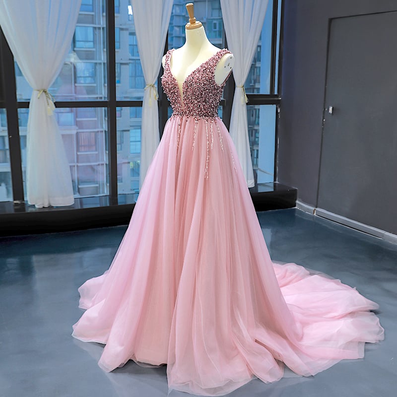 Gorgeous Pink Sequins and Beaded Long Party Dress, Pink Formal Gown