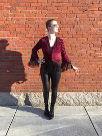 Image 1 of Burgundy Burnout Velvet Fringe Top