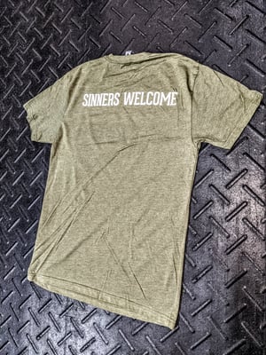 Image of Military green and white barbell tee