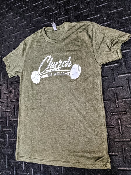 Image of Military green and white barbell tee