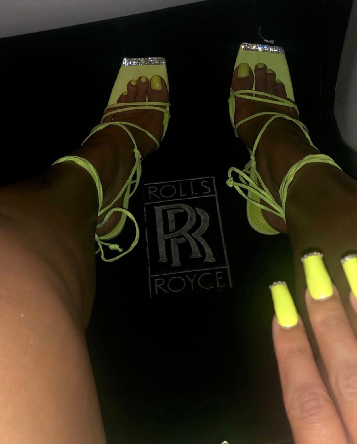 Image of NEON YELLOW STRAPPY HEELS WITH RHINESTONE DETAIL (US 10)