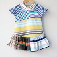 Image 2 of superstripe short sleeve 12m baby repleat pleated stripe stripes dress blue yellow turquoise