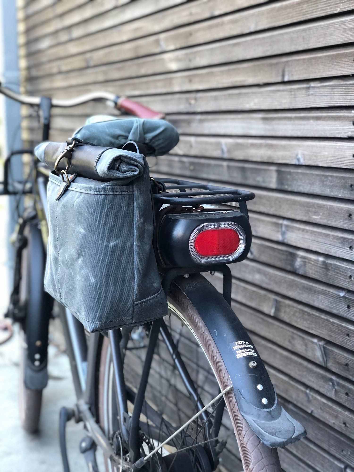 Image of Gray waxed canvas saddlebag Motorbike bag Motorcycle bag Bicycle bag in waxed canvas Bike accessorie