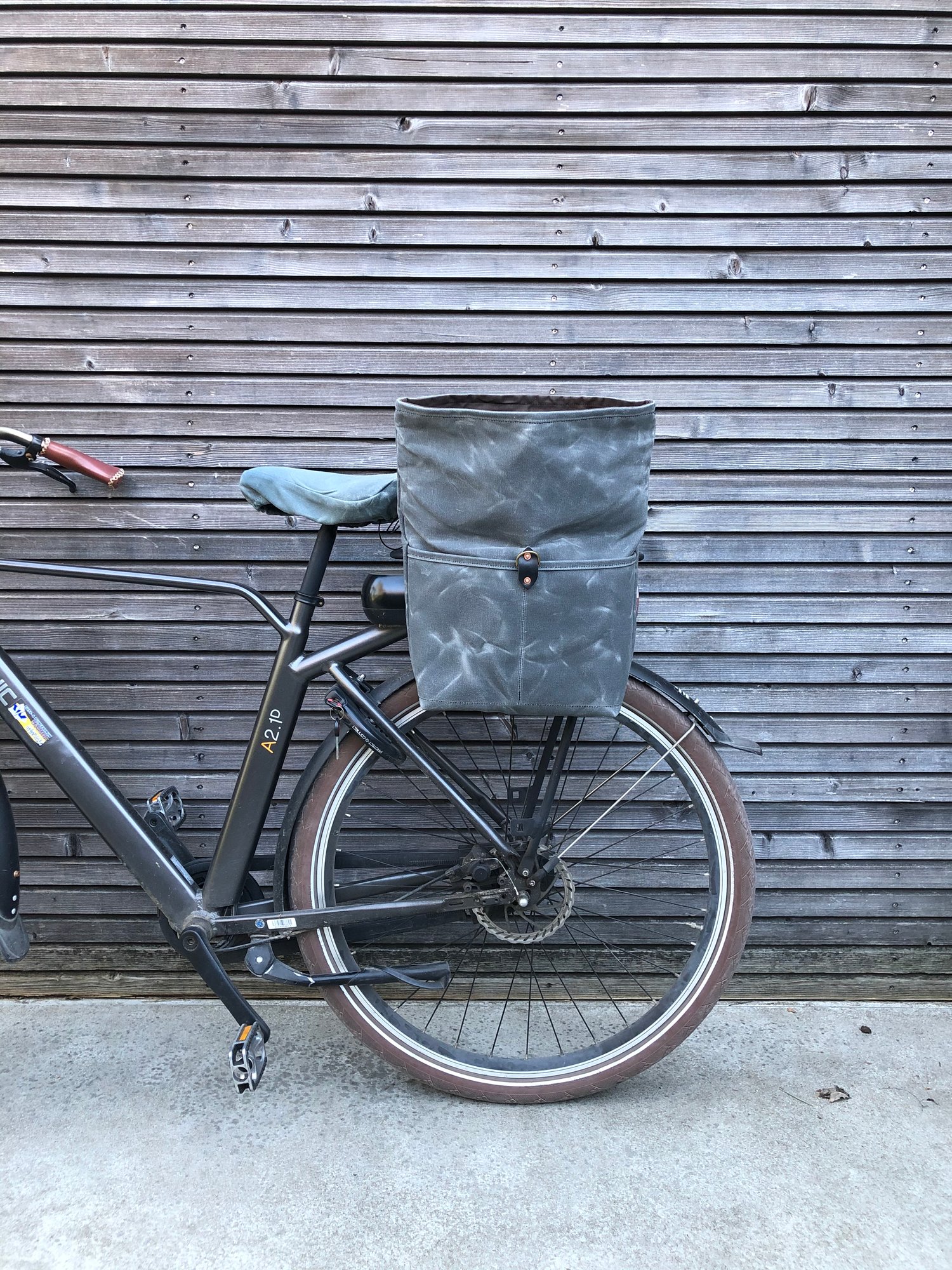 Image of Gray waxed canvas saddlebag Motorbike bag Motorcycle bag Bicycle bag in waxed canvas Bike accessorie
