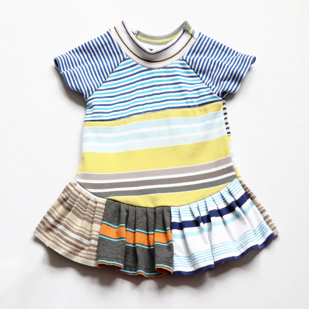 Image of superstripe short sleeve 12m baby repleat pleated stripe stripes dress blue yellow turquoise
