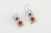 Rectangle Silver Earrings with Circles - Black and Red 