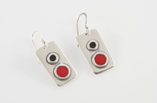 Rectangle Silver Earrings with Circles 
