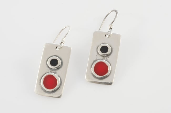 Rectangle Silver Earrings with Circles 