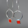 Circle Square Silver Earrings Red