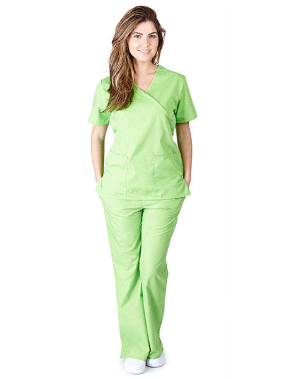 Women's Mock Wrap Solid Scrub Top & Flare Leg Drawstring Scrub Pant Set