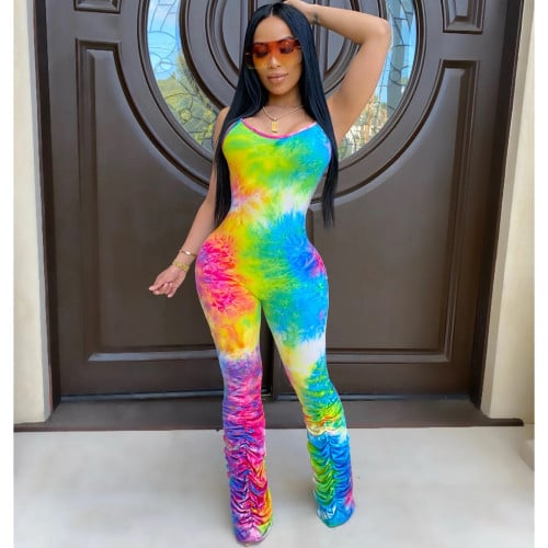 Image of Tie Dye Print Ruched Spaghetti Strap Jumpsuit CHY-1218