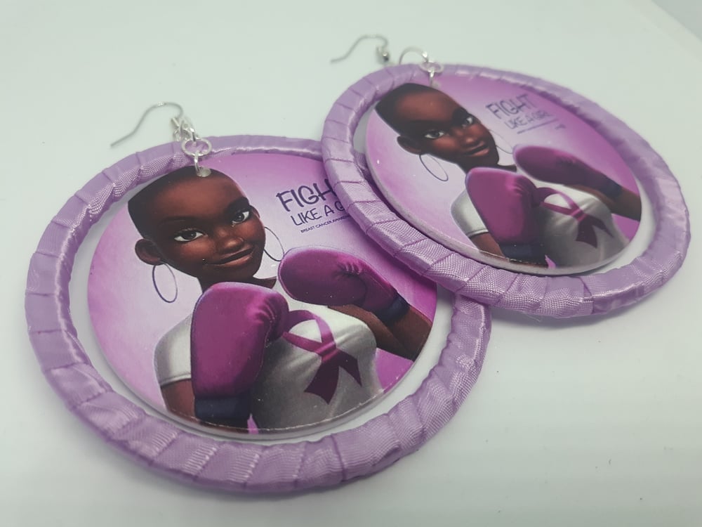 Image of Fight Like A Girl Breast Cancer Awareness, Pink Ribbon and Wood Black Queen Earrings