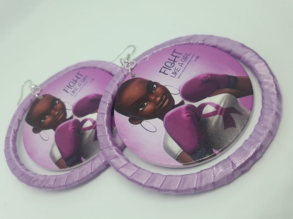 Image of Fight Like A Girl Breast Cancer Awareness, Pink Ribbon and Wood Black Queen Earrings