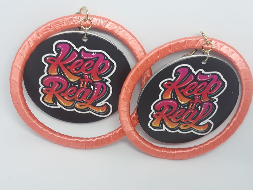 Image of Keep It Real Dark Peach Ribbon and Wood, Hip Hop dangling Earrings
