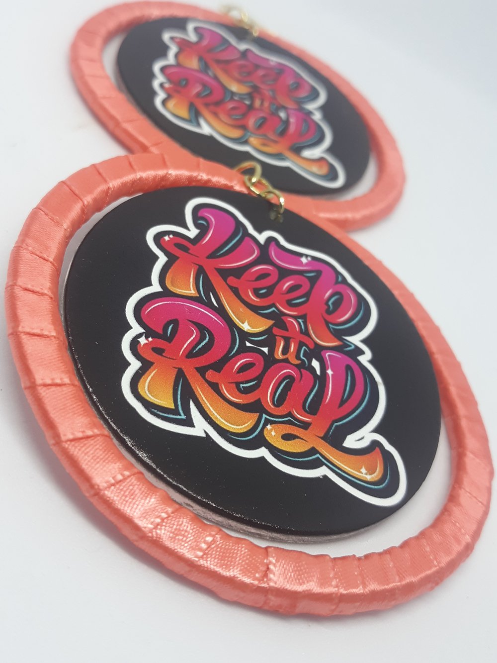 Image of Keep It Real Dark Peach Ribbon and Wood, Hip Hop dangling Earrings