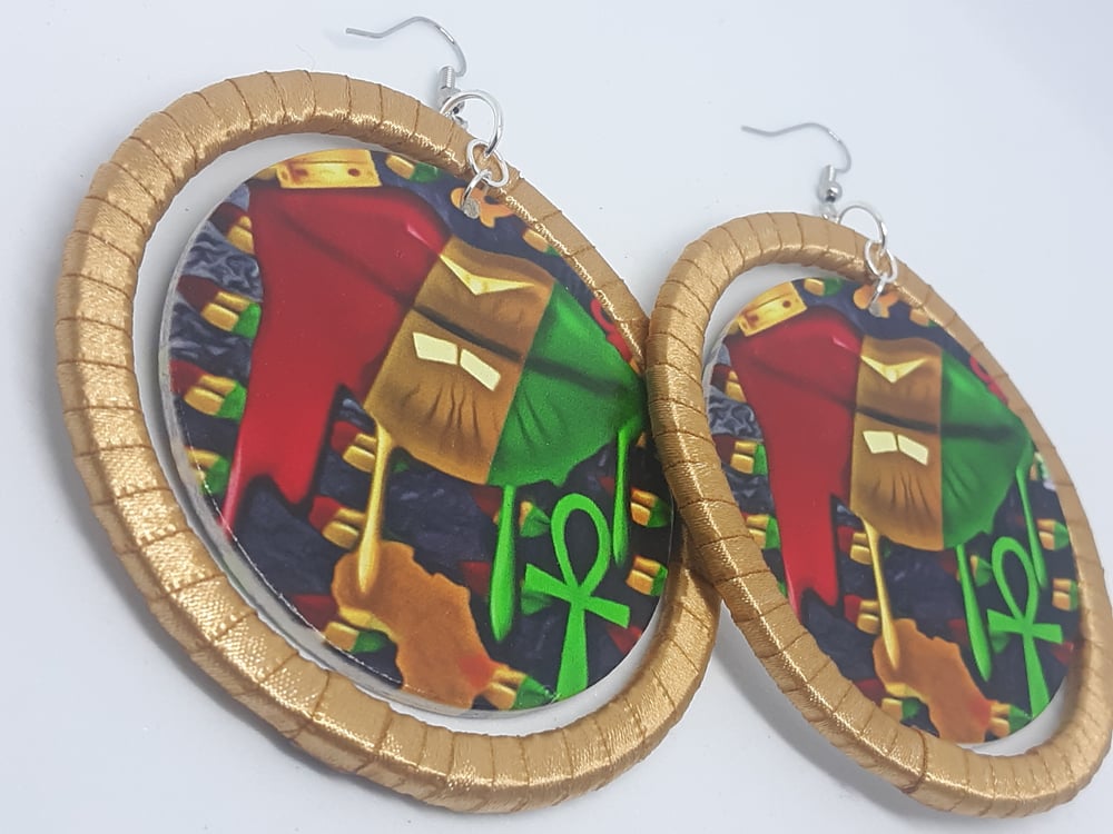 Image of Ankh Life, Gold Ribbon, Afrocentric and Wood, Nubian Queen Earrings