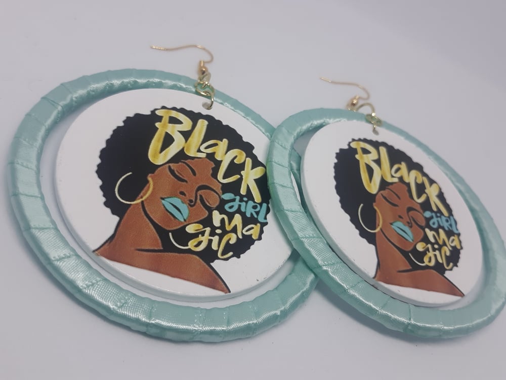 Image of Black Girl Magic, Black Girls Rock Turquoise Ribbon and Wood Empowerment Earrings