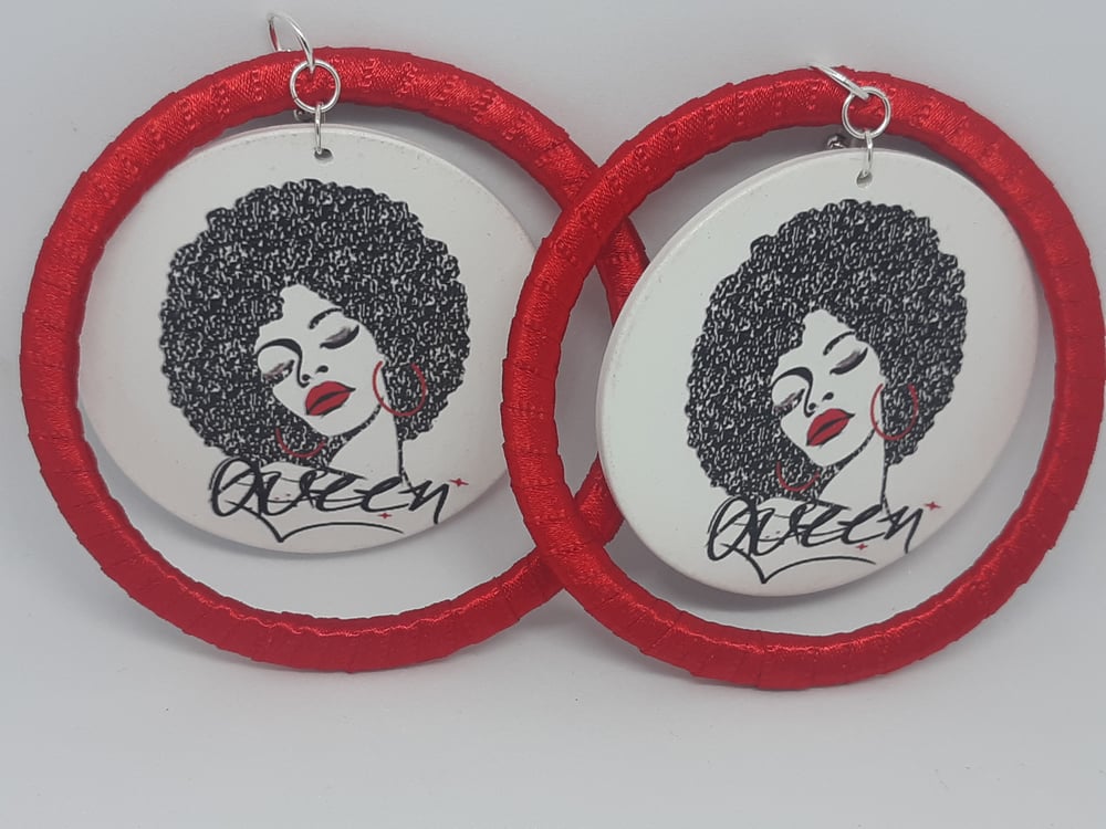 Image of Queen Red Ribbon and Wood Earrings, Hip Hop Fashion Statement Earrings 