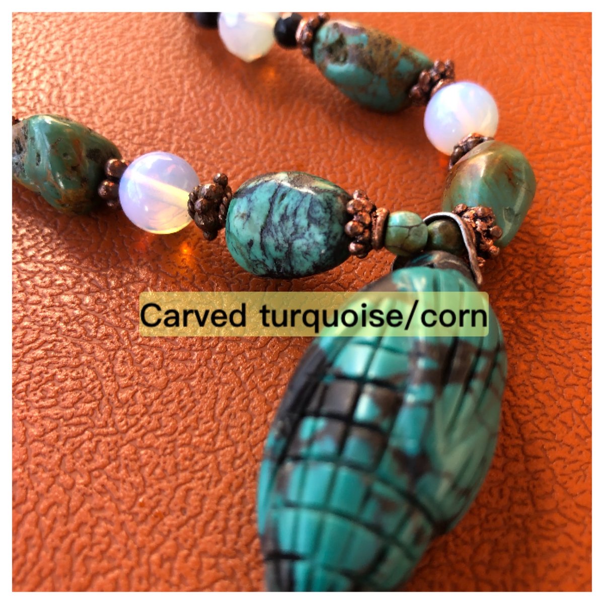 Image of turquoise  necklace ,carved pendant  30 inch