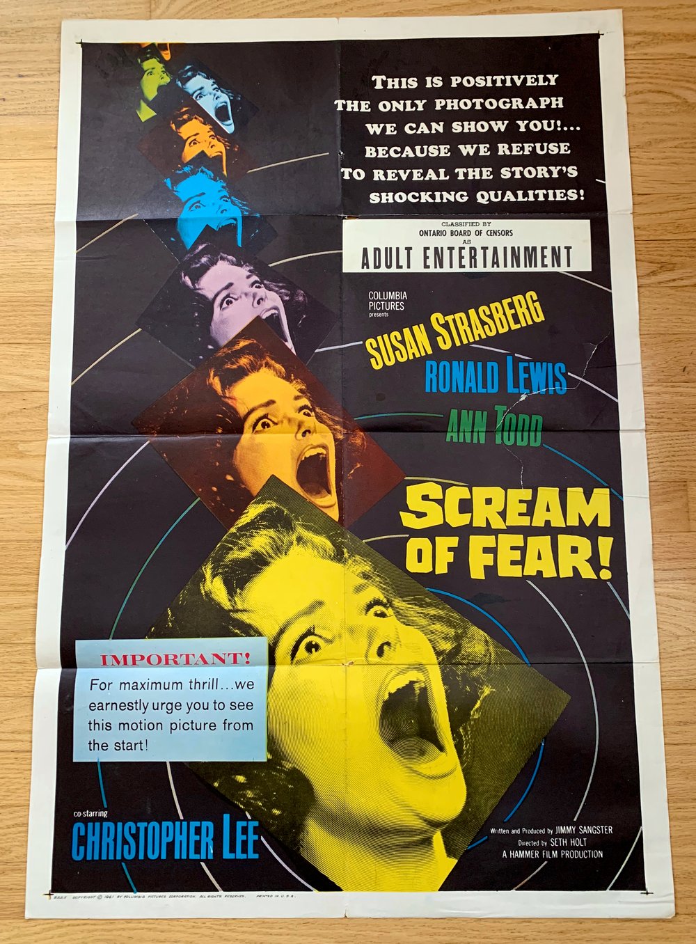 1961 SCREAM OF FEAR Original U.S. One Sheet Movie Poster 