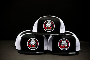 Image of Black/White 5 panel Recon Skatepunks Patch mesh snapback hat w/Skatepunks under bill print