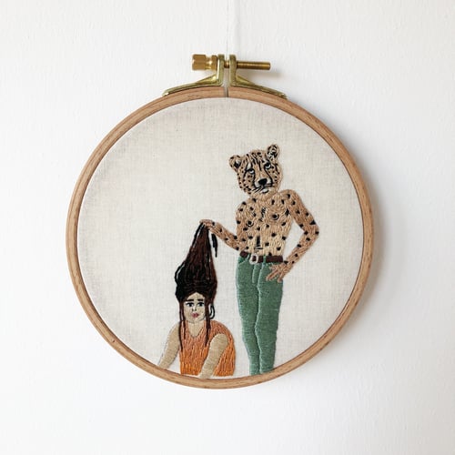 Image of The Cheetah Man - hand embroidery wall art, adaptation on Bruce Davidson photography 