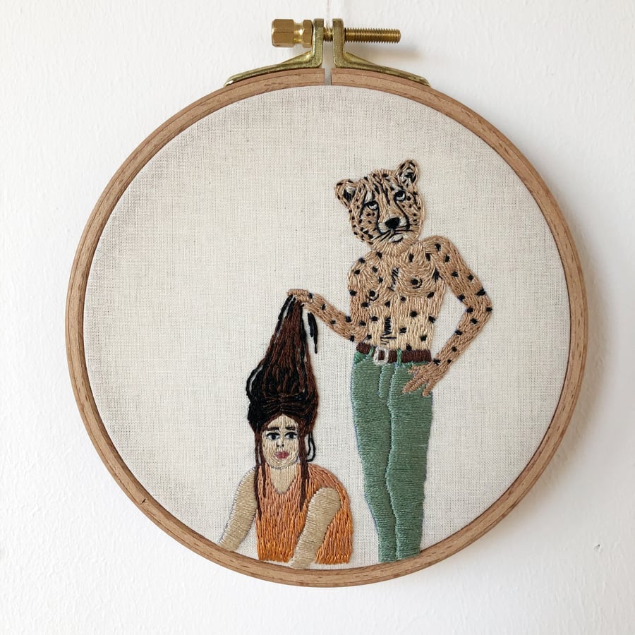 Image of The Cheetah Man - hand embroidery wall art, adaptation on Bruce Davidson photography 